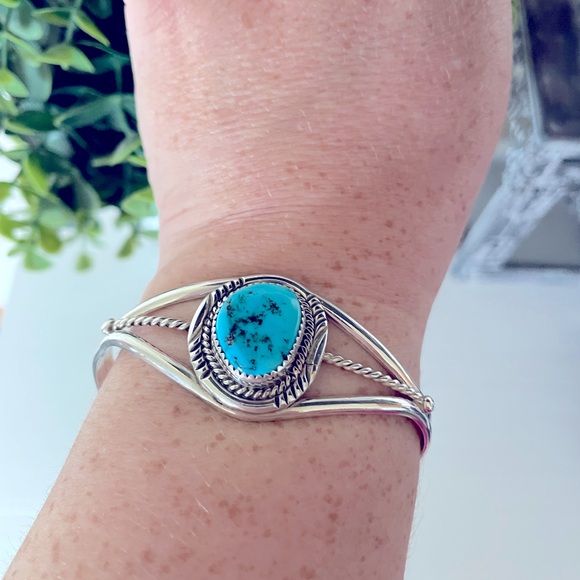 Vintage Native American Pat Yazzie Turquoise Cuff Bracelet Sterling Silver 925 - Picture 7 of 8